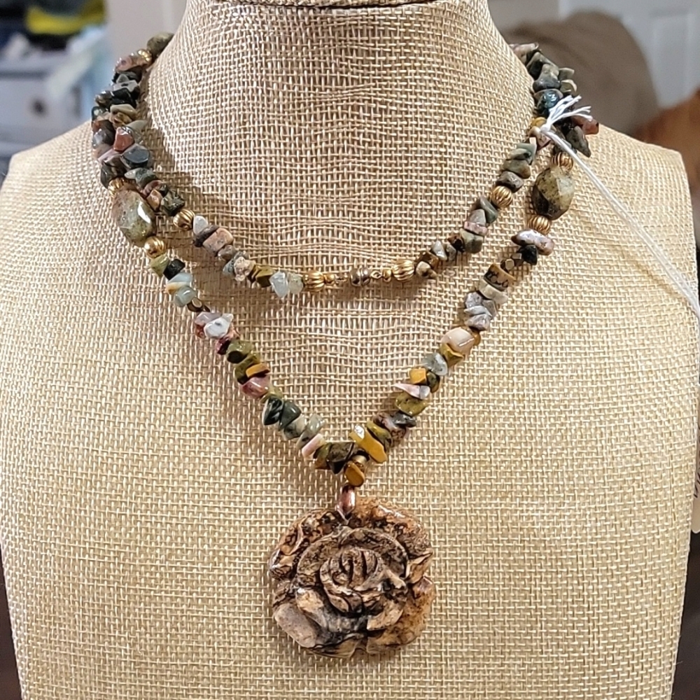Large Carved Jasper Flower Pendant Multi Gemstone Chips Necklace